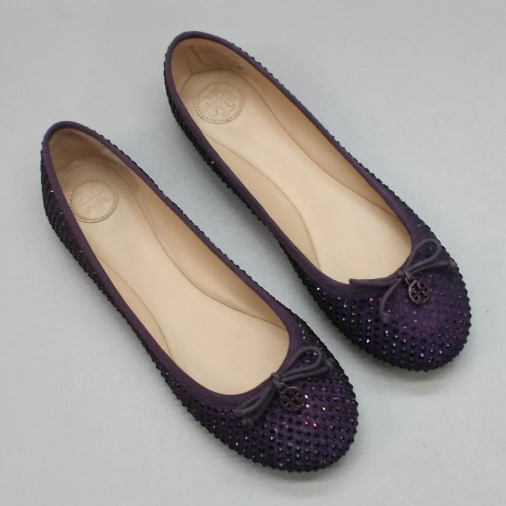 Tory Burch Ladies 10 Purple Suede Leather Crystals Strass Bow Ballet Shoes Flats - Picture 6 of 12
